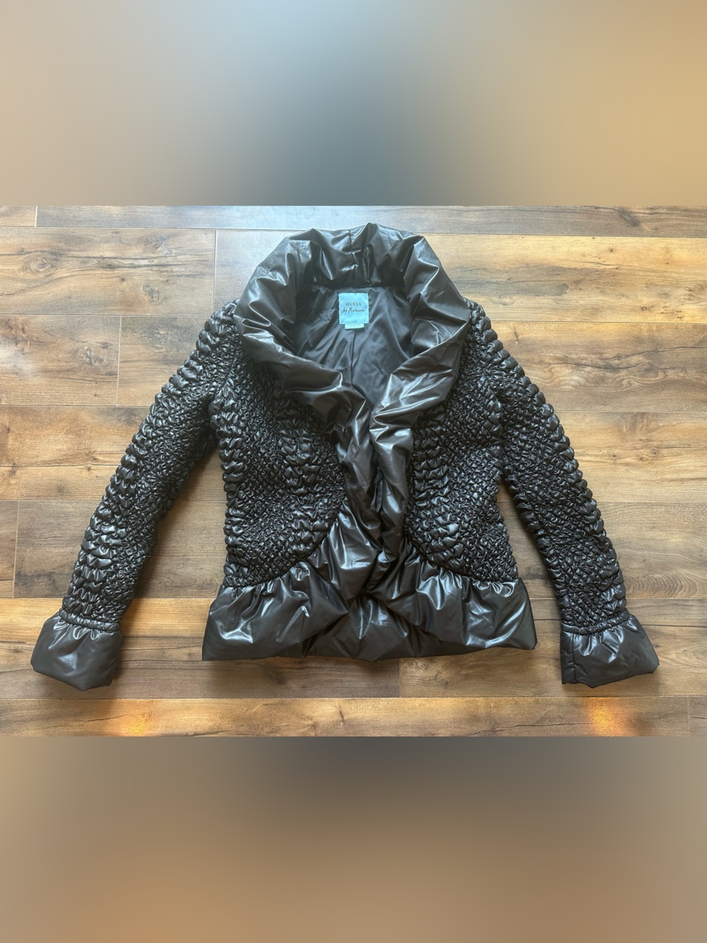 GUESS by Marciano Black Smocked Faux Leather Puffer Jacket Small